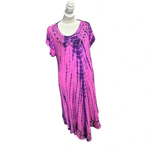 Women's tie dye maxi dress one size fits most, (L/XL) with embroidery